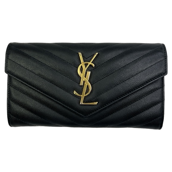 YVES SAINT LAURENT YSL MONOGRAM CHEVRON  BLACK GOLD  CONTINENTAL FLAP WALLET - Picture 3 of 16
